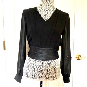 Double Zero Black Sheer Cropped Top with Faux Leather Waistband